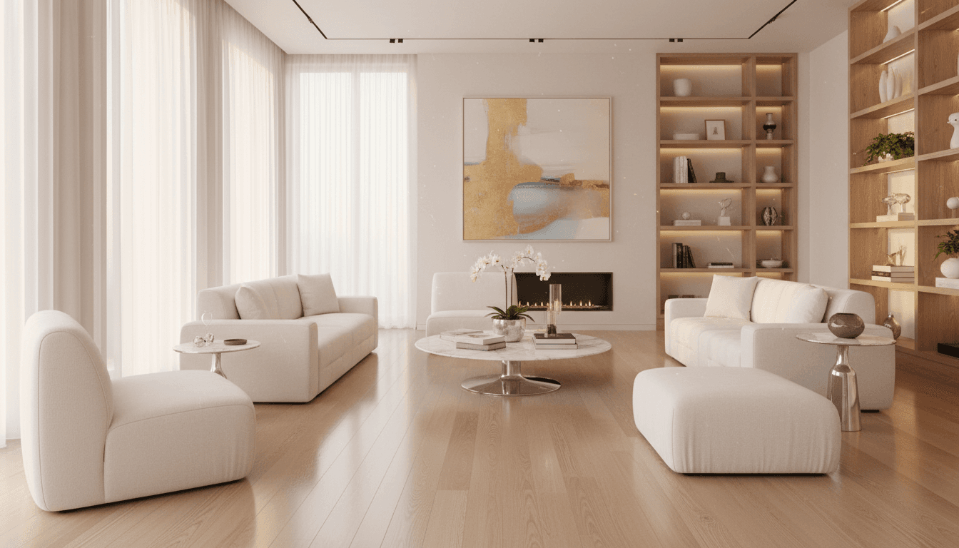 Spotless modern living room with pristine white furniture and gleaming hardwood floors showcasing professional home cleaning results